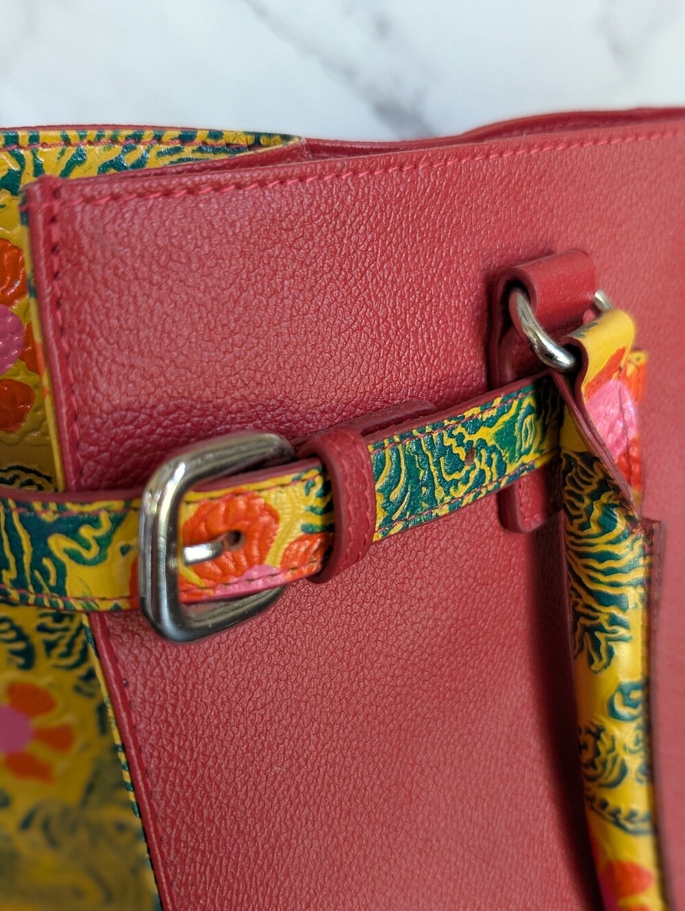 Sukriti Hand Painted, Embossed Leather Tote Bag with Floral Accents - Picture 3 of 10